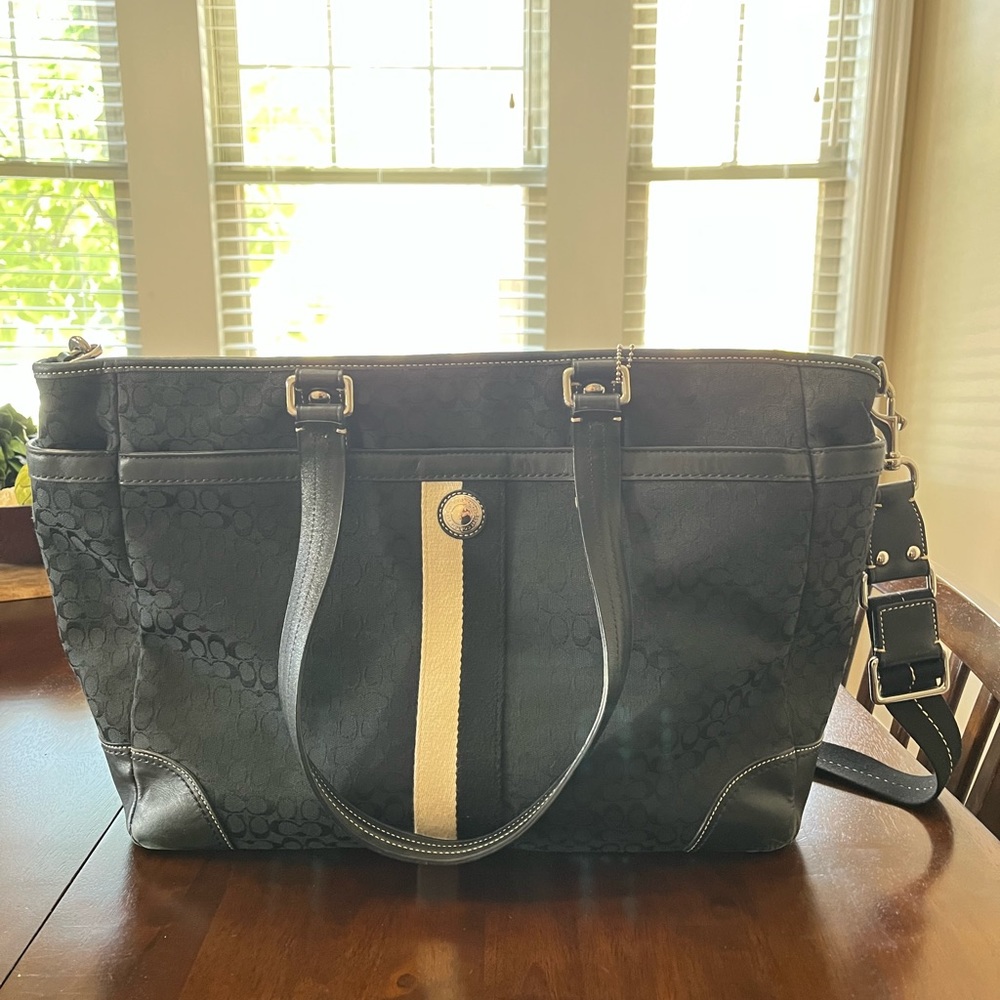Coach Outlet Diaper Bag - black fabric with inside blue cobalt lining